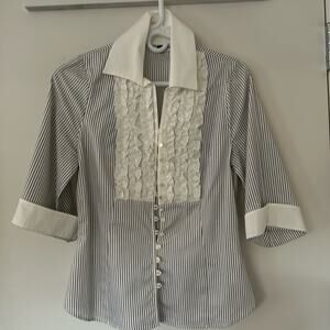 Anne Fontaine France Sz 38 Noana Split Neck Stripe Shirt Black/White Curved Hem.
